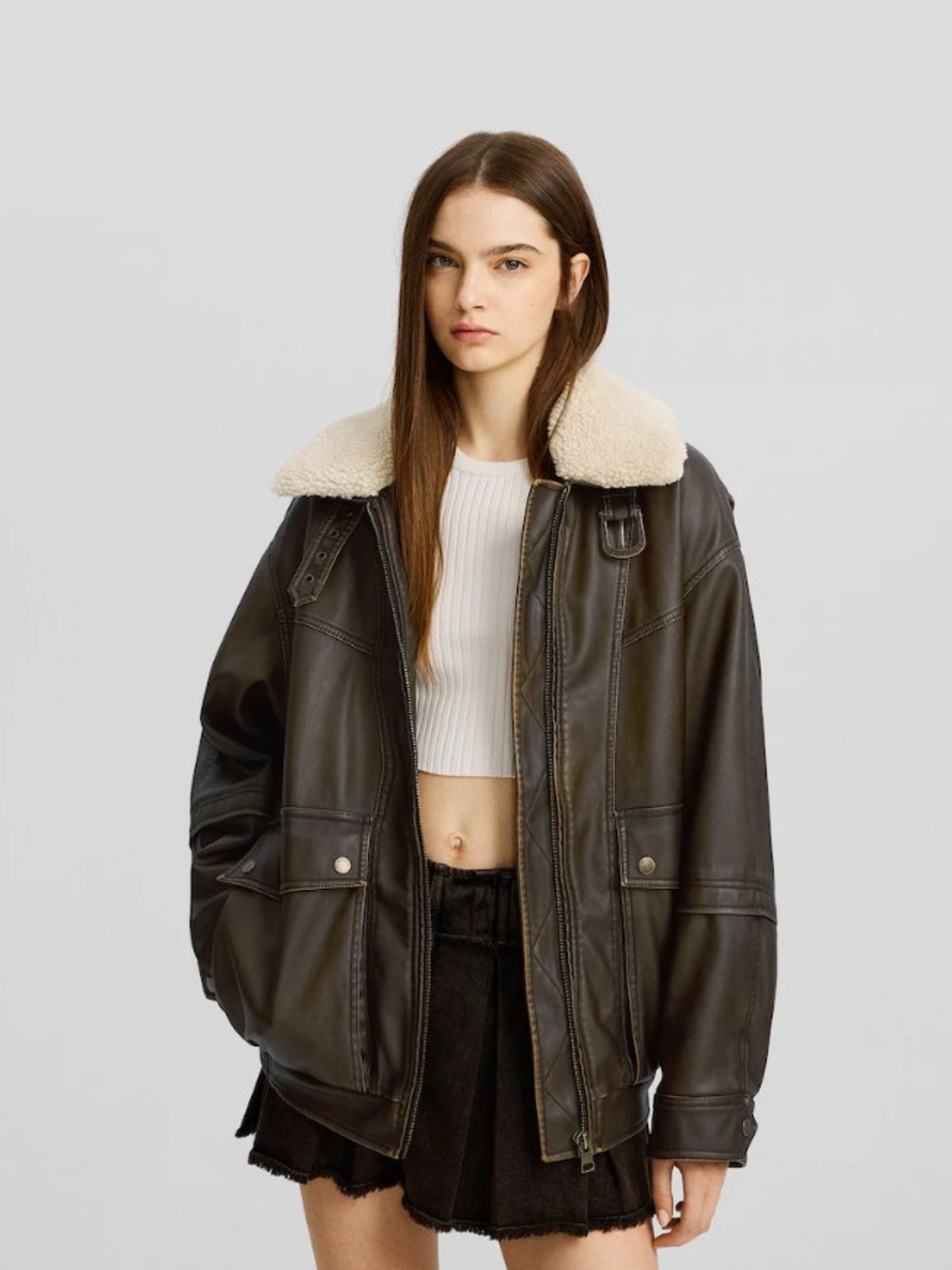 Bershka Oversized Dark Brown Jacket with Cream Shearling Collar